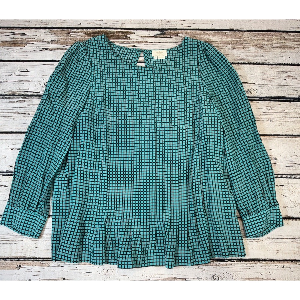 Kate Spade New York Turquoise Windowpane Silk Blend‎ Pleated Blouse Size 12